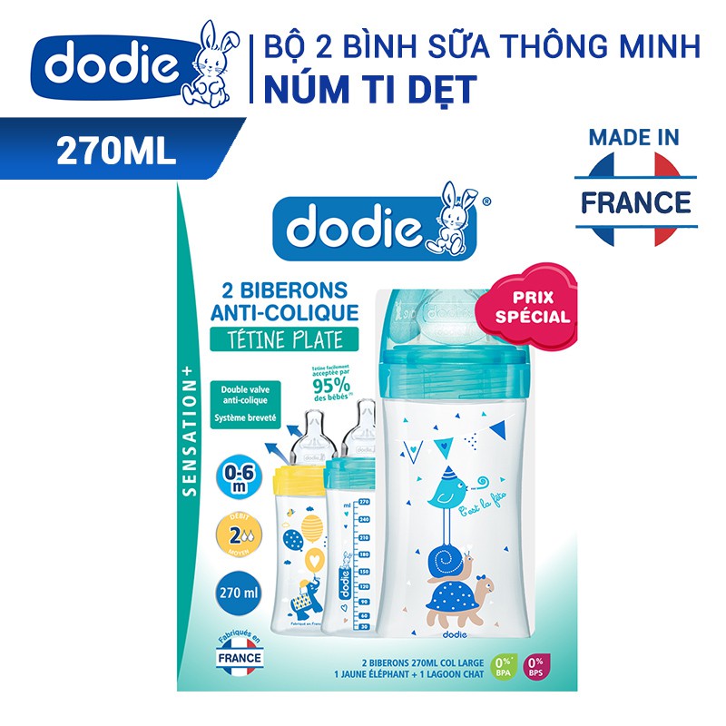 Bộ 2 bình sữa tam giác thông minh dodie núm ti dẹt màu hỗn hợp 270ml