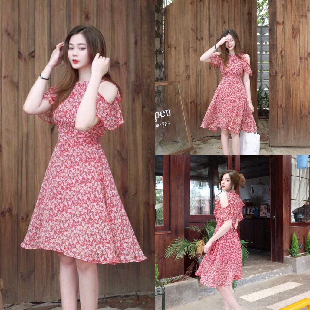 Đầm hoa nhí đỏ khoét vai, Váy babydoll hoa nhí hở vai Cao Cấp tay ngắn cổ tròn dáng xòe, công sở, dự tiệc - MiNhi