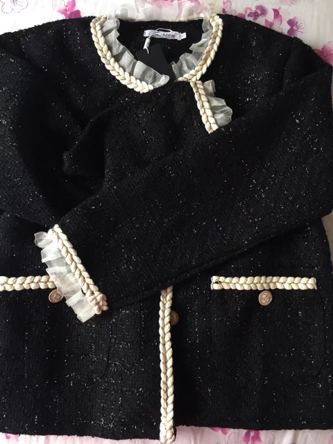 Áo khoác dạ tweed đen cổ tay voan bèo dáng ngắn [Ảnh thật 4-9] | BigBuy360 - bigbuy360.vn