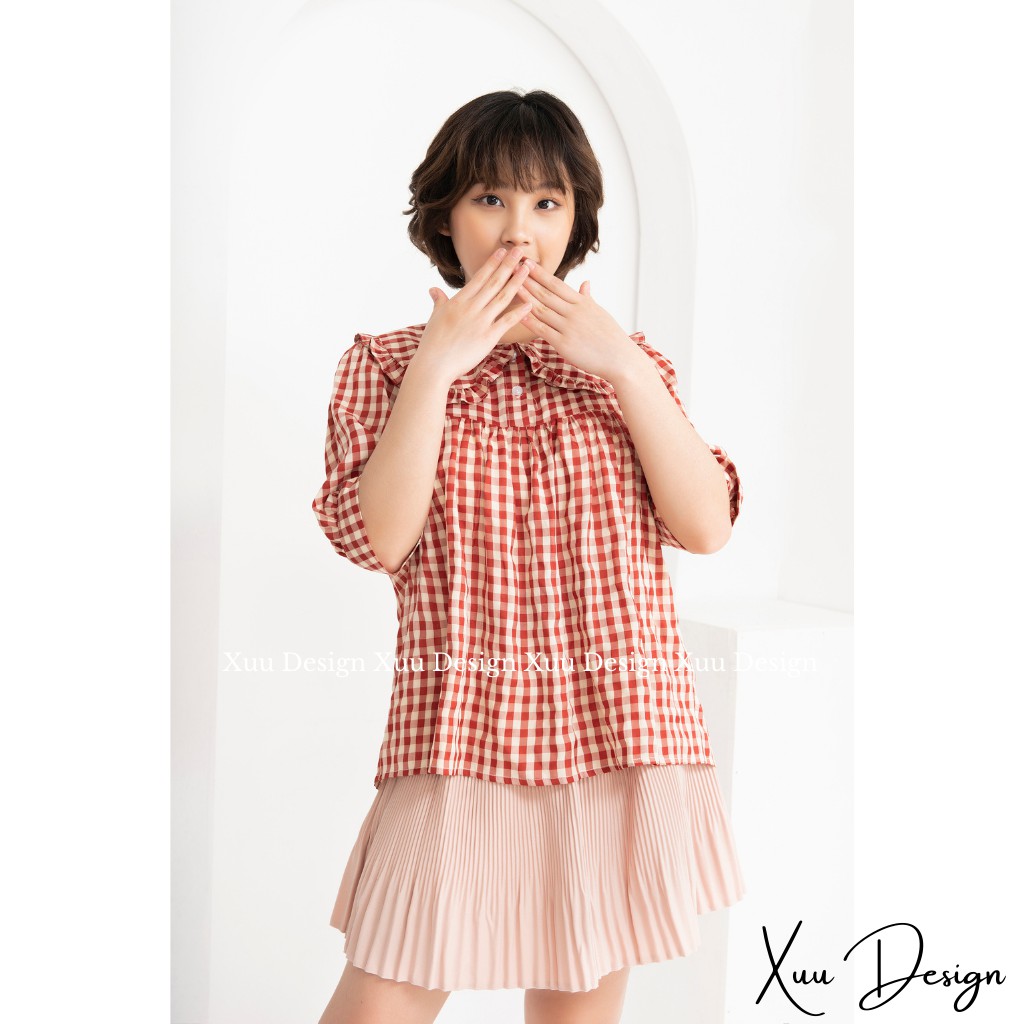 Áo Babydoll Xuu DesignÁo kiểu nữ thiết kế chất vải đẹp dáng suông [Xu05 kẻ đỏ]