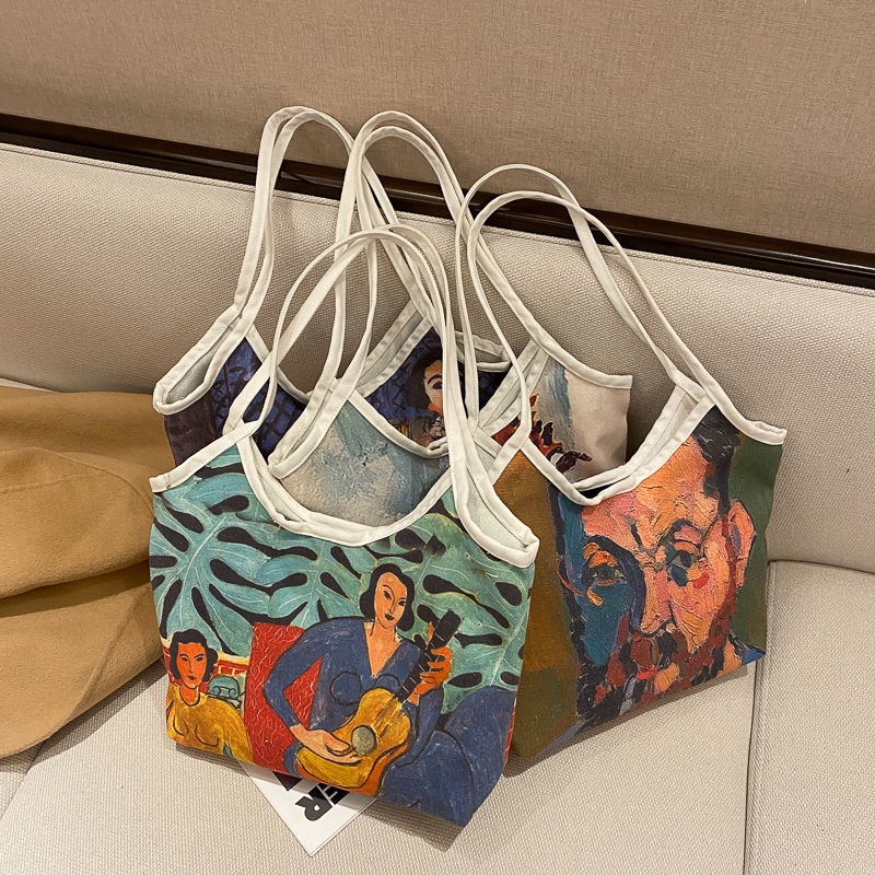 Túi Xách Canvas Sức Chứa Lớn Họa Tiết Tranh Sơn Dầu Thủ Công Thời Trang Cho Nữ