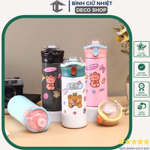 Bình giữ nhiệt nóng lạnh, dung tích  550ml, Nắp bật chống rò rỉ, Có ống hút, Inox 304 an toàn cho bé - TẶNG STICKER 2D