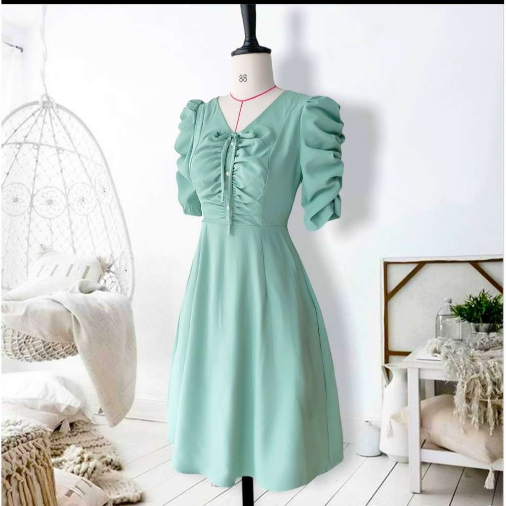 ĐẦM CÔNG SỞ CỔ V TAY NHÚN NỮ TÍNH - CHẤT LỤA HÀN CAO CẤP MỊN THIẾT KẾ HAI LỚP KÍN ĐÁO -ĐỦ SIZE