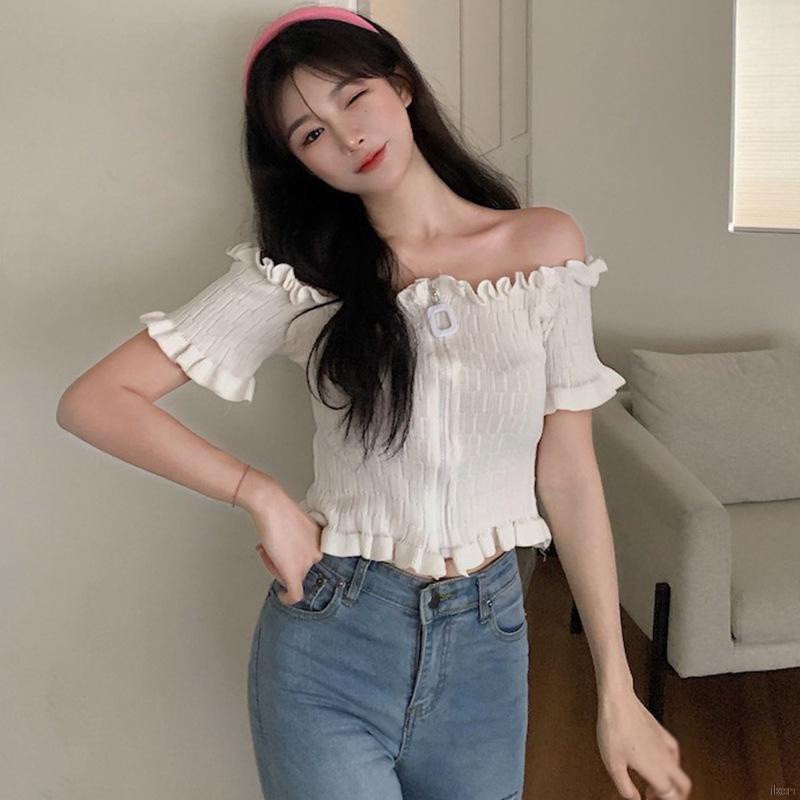 Áo croptop dệt kim tay ngắn thiết kế trễ vai gợi cảm