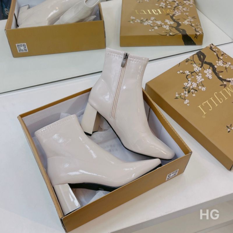 HLo(ẢNH THẬT) Boot Cổ Thấp Mijili Gót Vuông Cạnh 8p Da Bóng Mềm Êm Box Hoa Đào Cao Cấp
