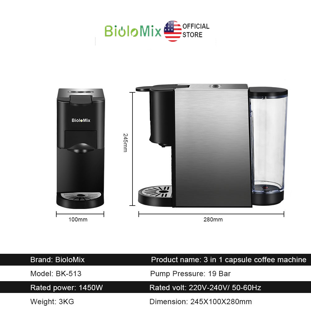 Máy pha cafe Espresso 3 trong 1 19Bar 1450W phù hợp với viên nén cafe Nespresso Dolce Gusto và Bột cafe