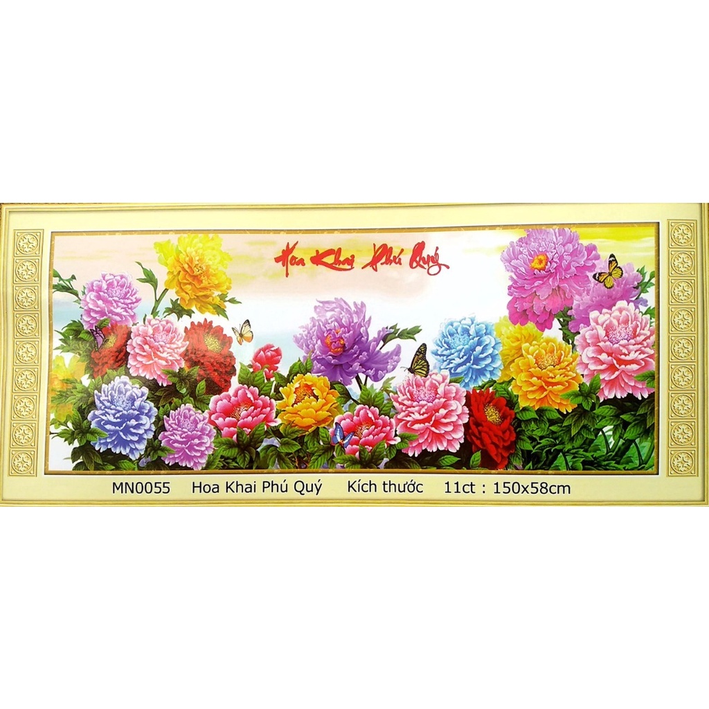 Tranh thêu chữ thập - thêu kín hoa mẫu đơn mn0054 (150x60). Mn0055 ( 195x85) - tranh chưa thêu