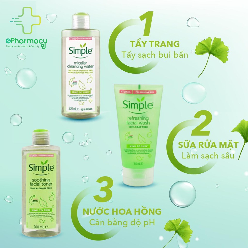 Combo Simple Tẩy trang + Sữa rửa mặt + Toner Simple (Bộ 03 món) | BigBuy360 - bigbuy360.vn