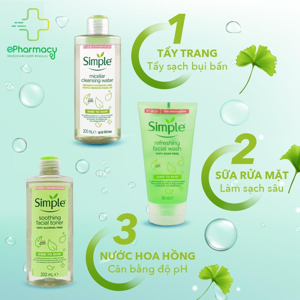 COMBO SIMPLE Tẩy trang + Sữa rửa mặt + Toner Simple (Bộ 03 món)