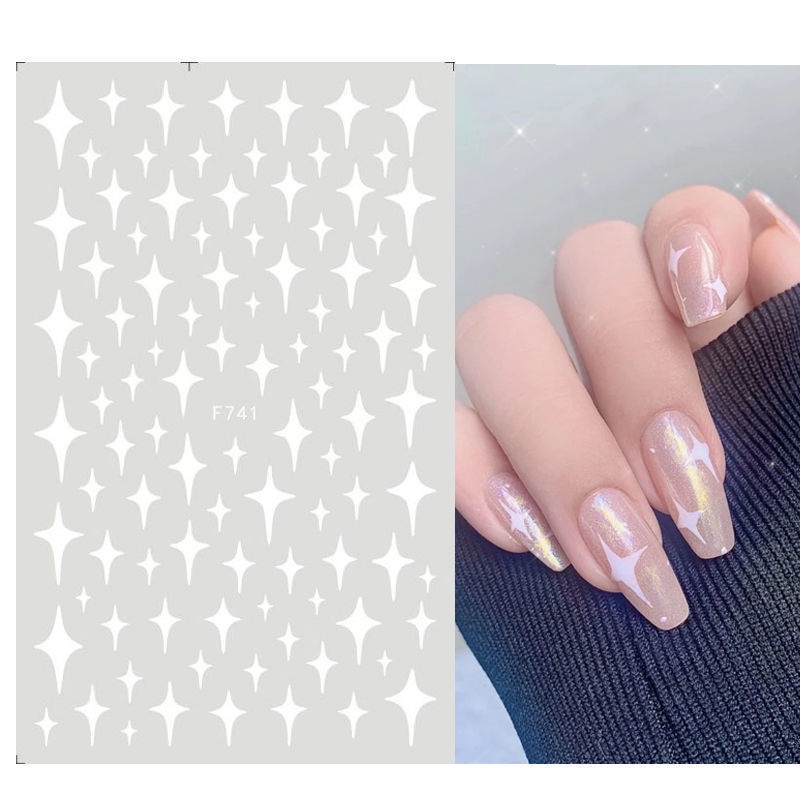 Nhãn Dán Móng Tay 3D Tự Dính Họa Tiết Ngôi Sao Trái Tim Tình Yêu Màu Trắng Phong Cách Mới
