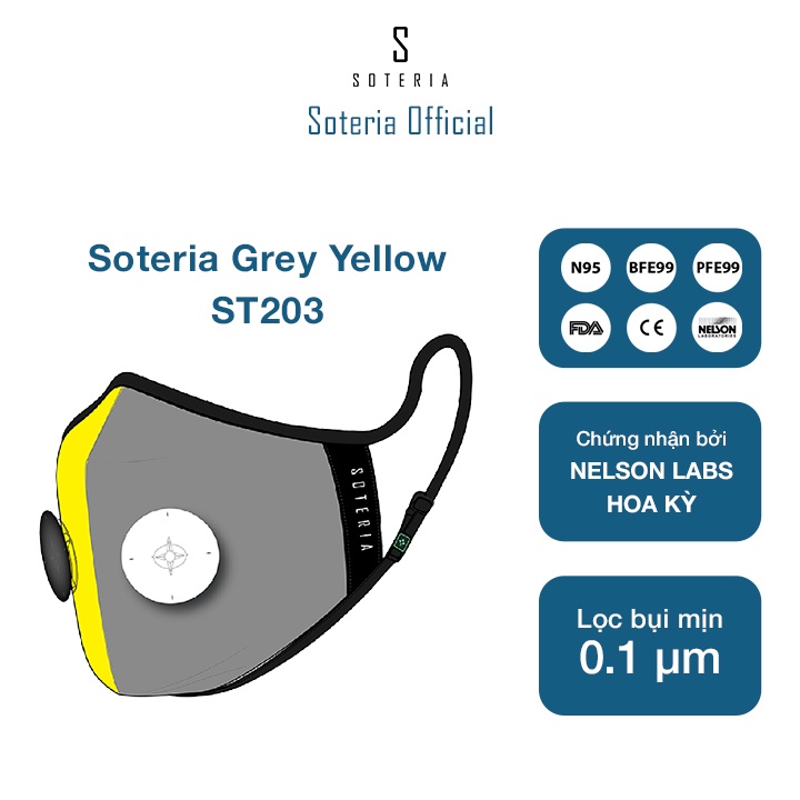 Khẩu trang tiêu chuẩn Quốc Tế SOTERIA Grey Yellow ST203 - Bộ lọc N95 BFE PFE 99 lọc đến 99% bụi mịn 0.1 micro-Size S,M,L