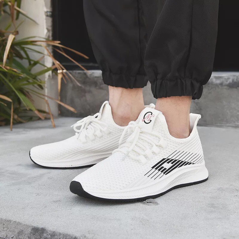 Giày sneaker thể thao rẻ đẹp nam nữ vải dệt kim cao cấp màu trắng thoáng khí êm nhẹ hot 2020 BOM-001T