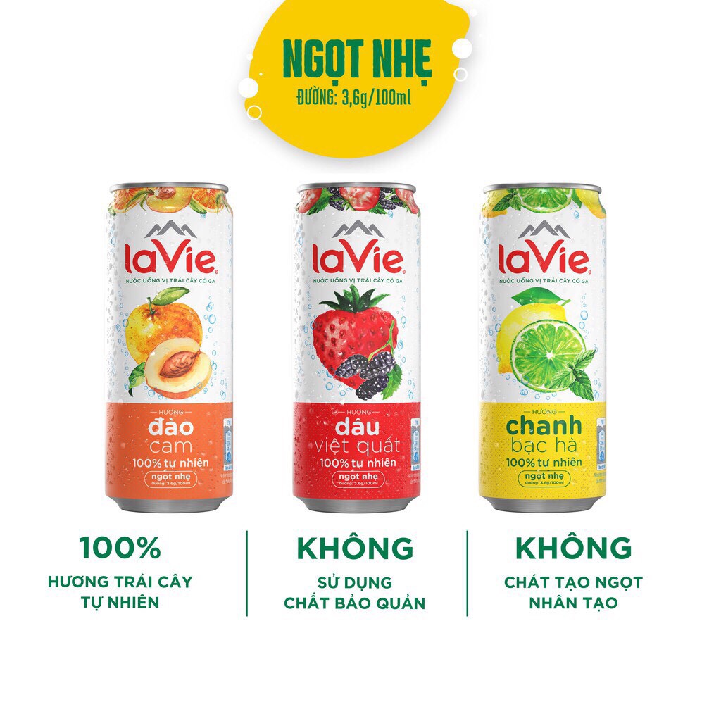 Thùng 24 lon nước uống vị trái cây có ga Lavie Sparkling - Hương Chanh Bạc Hà,Đào Cam, Dâu Việt Quất