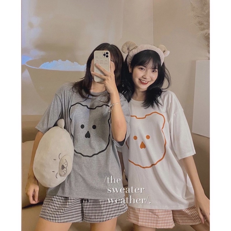 Sét cộc đùi hoạ tiết in gấu-Bộ quần short kẻ caro kèm áo thun tay kĩe form rộng in hình dễ thương, cute