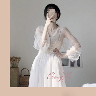 Váy / Đầm liền công chúa tay lưới bồng xòe dài Chic dài tay tiểu thư sang trọng V00107