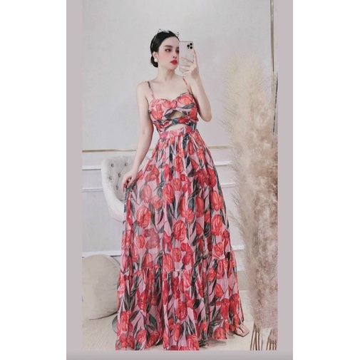 Đầm maxi hoa  2 dây có mút ngực tôn dáng