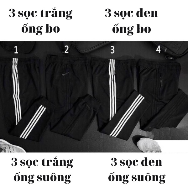 Quần 3 sọc thể thao jogger ống bo, ống suông chất liệu dày dặn, không xù sọc đen, trắng