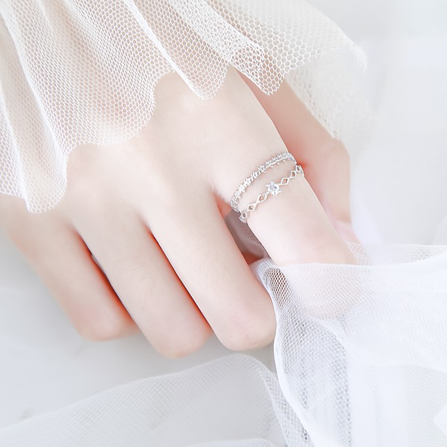 Nhẫn Bạc 2 tầng cao cấp, Nhẫn nữ bạc gắn đá 2 tầng TUNA SILVER Trang sức bạc cao cấp