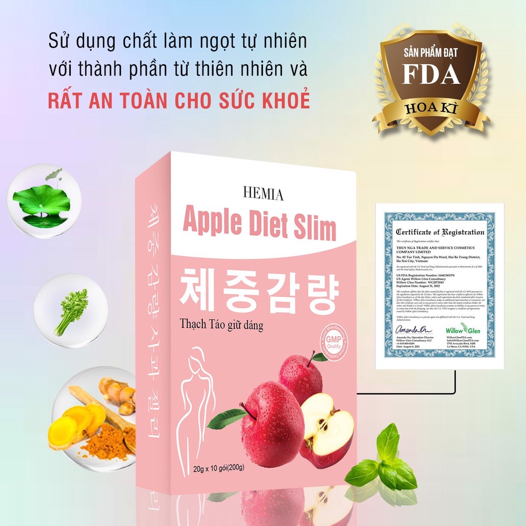 Thạch táo giảm cân Hemia, giảm cân an toàn tại nhà, 1 hộp 10 cái, công nghệ chính hãng Hàn Quốc