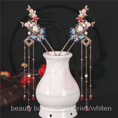 Trâm cài tóc hợp kim kiểu tua tua hình chim hồng hạc và bươm bướm màu xanh dương đính tràng hoa và ngọc trai nhân tạo