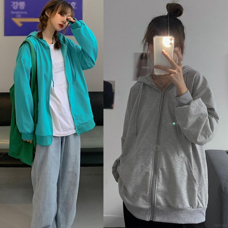 Áo khoác cardigan dáng rộng màu trơn có nón trùm phối khóa kéo thời trang Hàn Quốc cho nữ | BigBuy360 - bigbuy360.vn