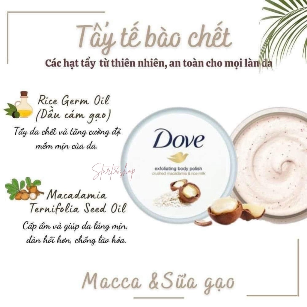 Tẩy tế bào chết body Start36 tẩy da chết Dove da body trắng sáng, mịn màng, giảm mụn, bản Đức 225ml