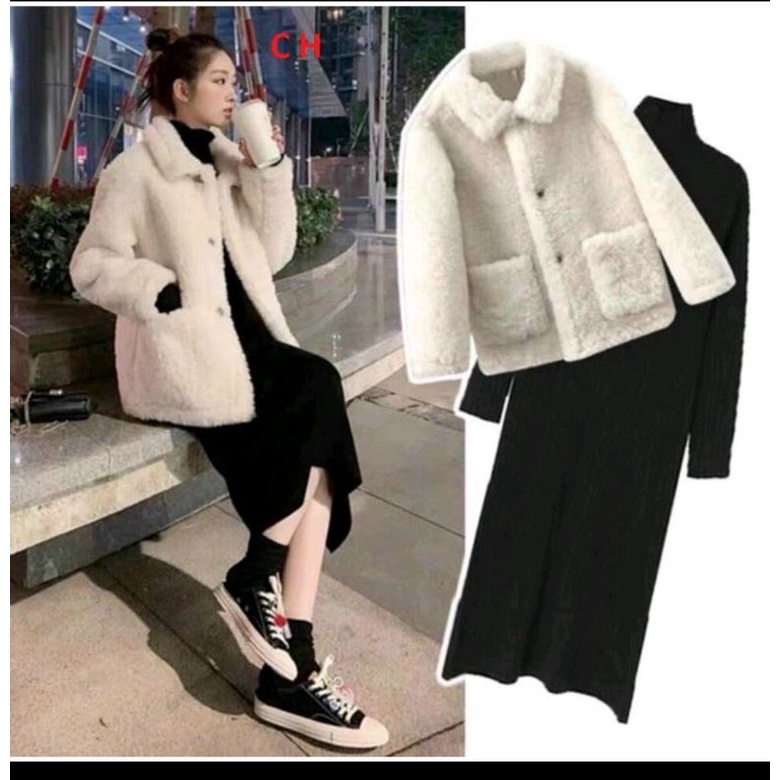 (Có lẻ áo)Set khoác lông cừu và váy len tăm
