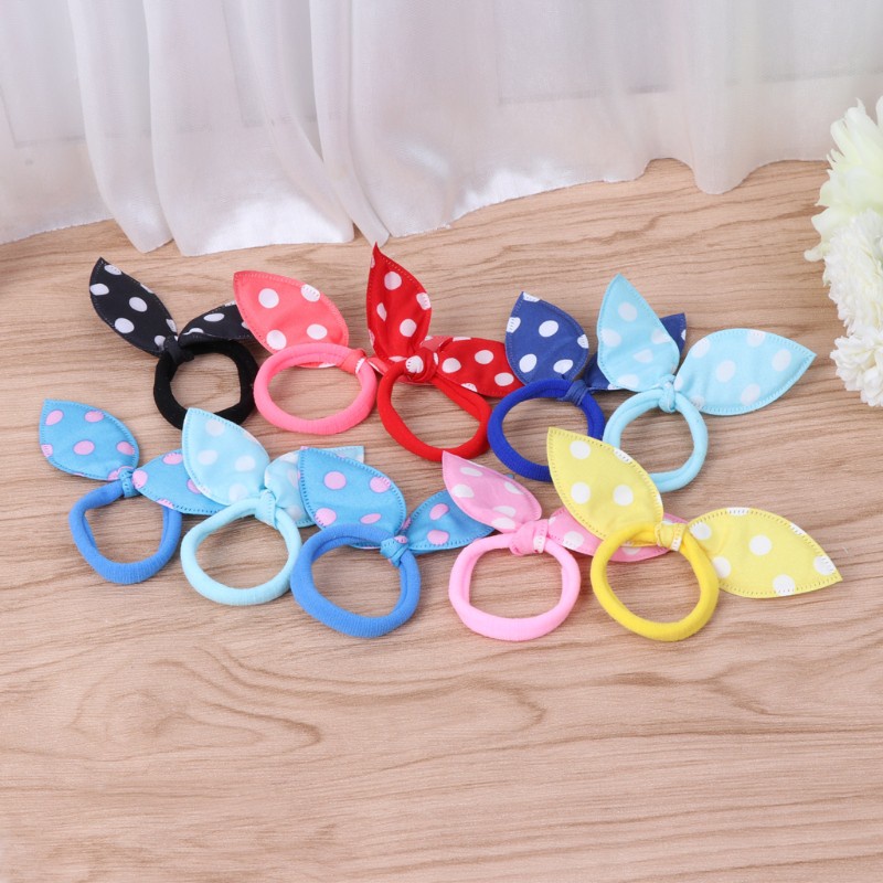 Set 10 Dây Cột Tóc Co Giãn Tai Thỏ Họa Tiết Chấm Bi Dễ Thương Cho Bé Gái
