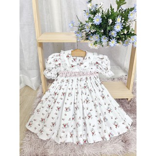 Đầm smock bé gái annie trắng hoa nhí viền ren
