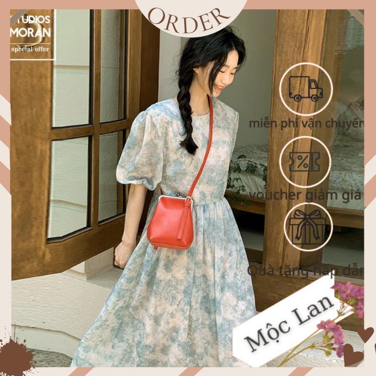 (MộcLan ORDER)  Váy MORAN voan hoa xanh loang pastel thun eo xòe dài bồng bồng vintage tiểu thư nhẹ nhàng | BigBuy360 - bigbuy360.vn