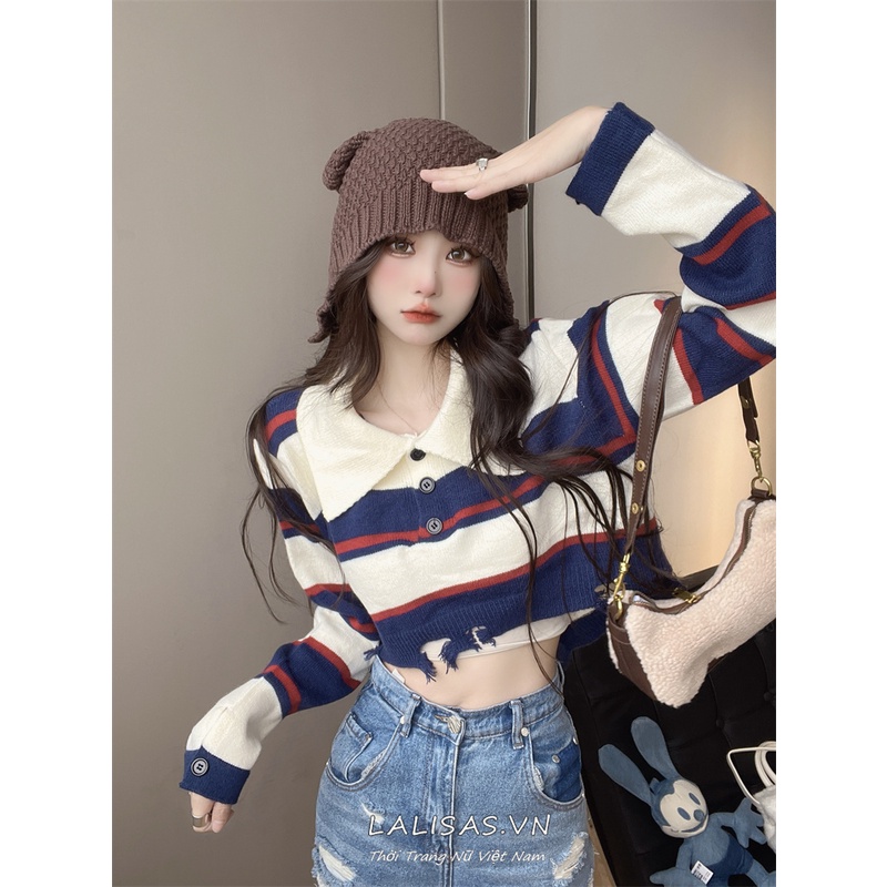 Áo Thun polo Dài Tay Họa Tiết Sọc Ngang Thời Trang Dành Cho Nữ