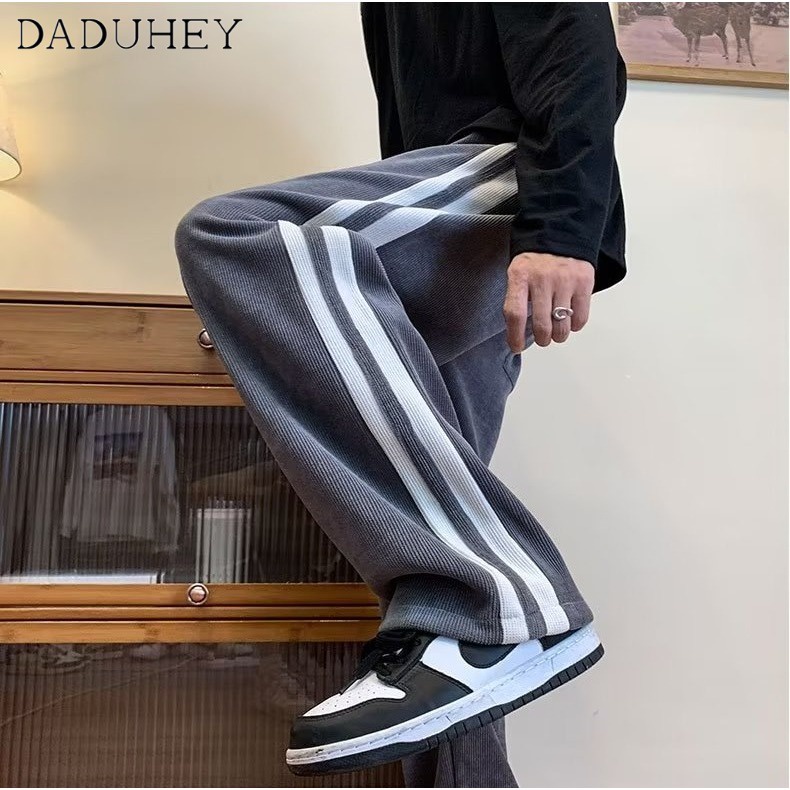 DaDuHey Men's Autumn Fashion Brand Loose Striped Casual Pants Ins Corduroy Straight Wide Leg Sports Pants