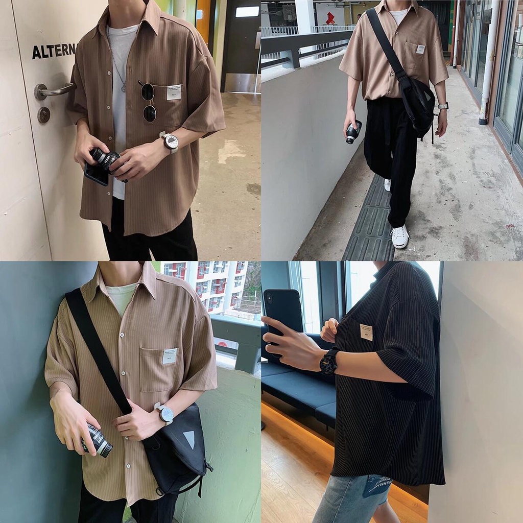 Áo Sơ Mi Tay Ngắn Dáng Rộng Thoáng Khí Phong Cách Hip Hop Đường Phố Hàn Quốc Thời Trang Mùa Hè Cho Nam