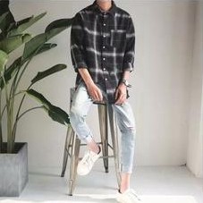 Áo sơ mi tay dài họa tiết kẻ caro phong cách Nhật Bản cho nam | BigBuy360 - bigbuy360.vn