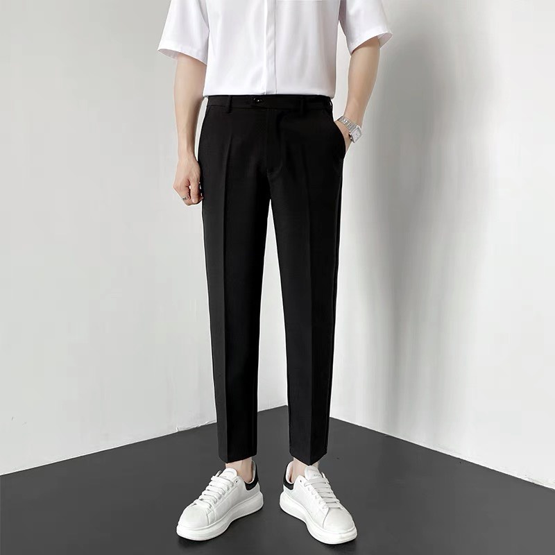 Quần Âu Nam Trơn Cúc Giữa Đen , Trắng , Ghi , Xám , Kem baggy , Dáng Slimfit , Vải Co Giãn , Không Xù , Phong Cách HQ