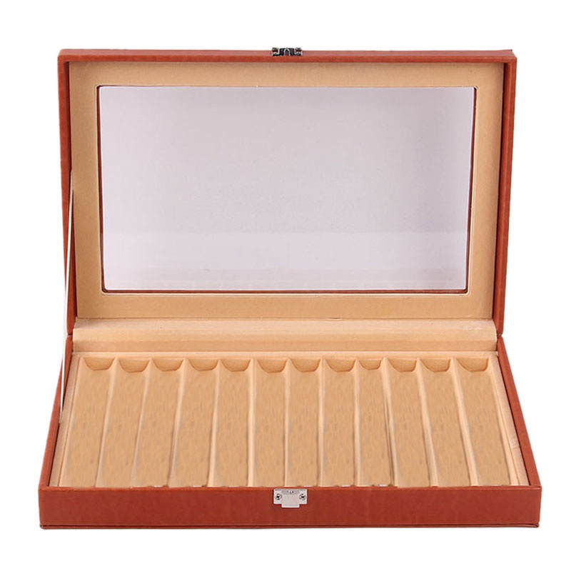 12 Slots Wooden Fountain Pen Display Case, Luxury Topped PU Leather Pen Display Case Jewelry Organizer,Orange