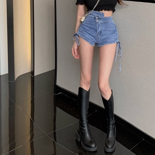 Quần Short Denim Lưng Cao Thiết Kế Dây Rút Phong Cách Trung Hoa Thời Trang Mùa Hè Mới