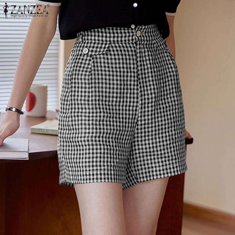 Zanzea Quần Short Lưng Thun Có Túi Họa Tiết Sọc Caro Thời Trang Cho Nữ