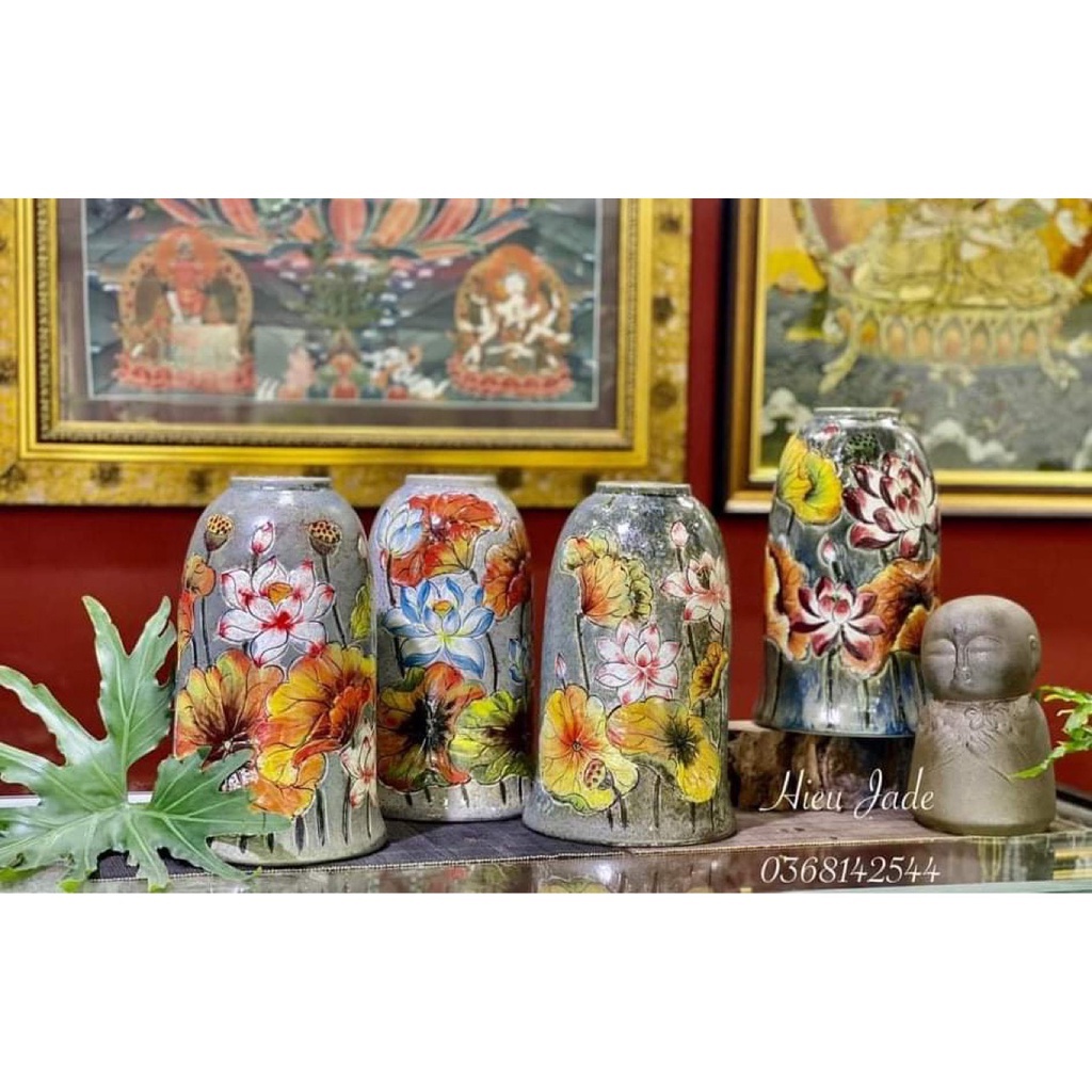 Bình hoa gốm Bát Tràng khắc, vẽ tay thủ công vẽ hoa sen BH05 Hieu Jade Decor