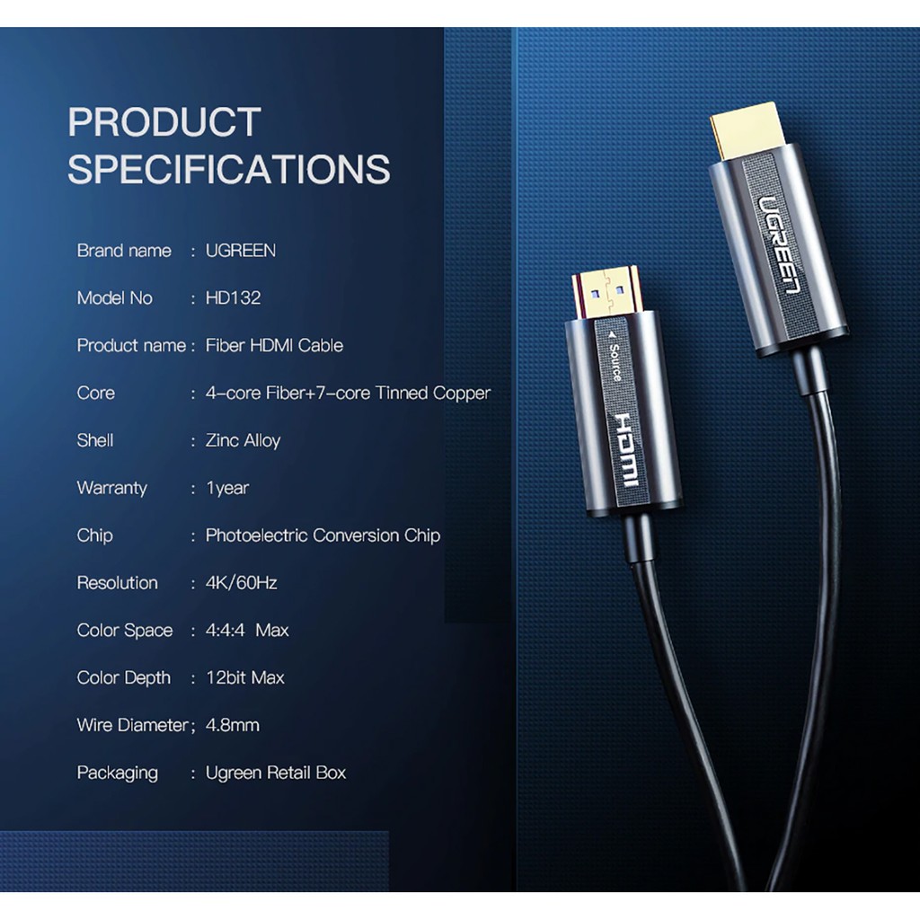 Cáp HDMI 2.0 4K*60Hz Sợi Quang Cao Cấp UGREEN HD132 Chính Hãng - 15M, 20M, 30M, 40M ... 100M