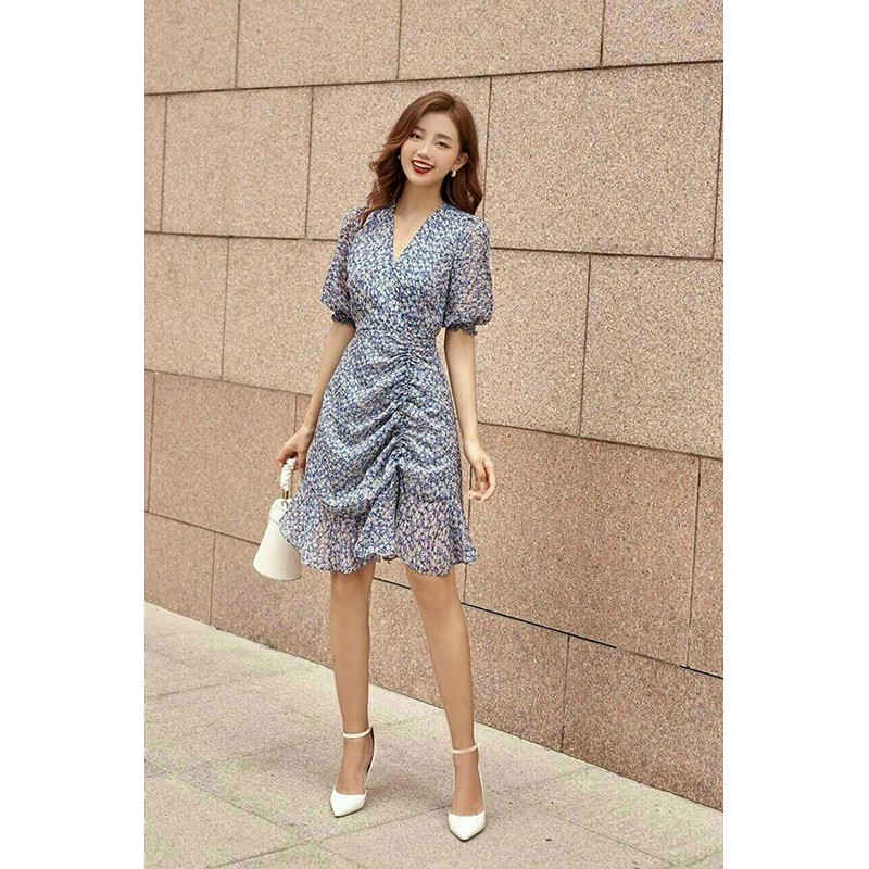 Đầm hoa nhí voan tím tay bồng kết hợp dây cột eo váy đầm thiết kế Chic Store