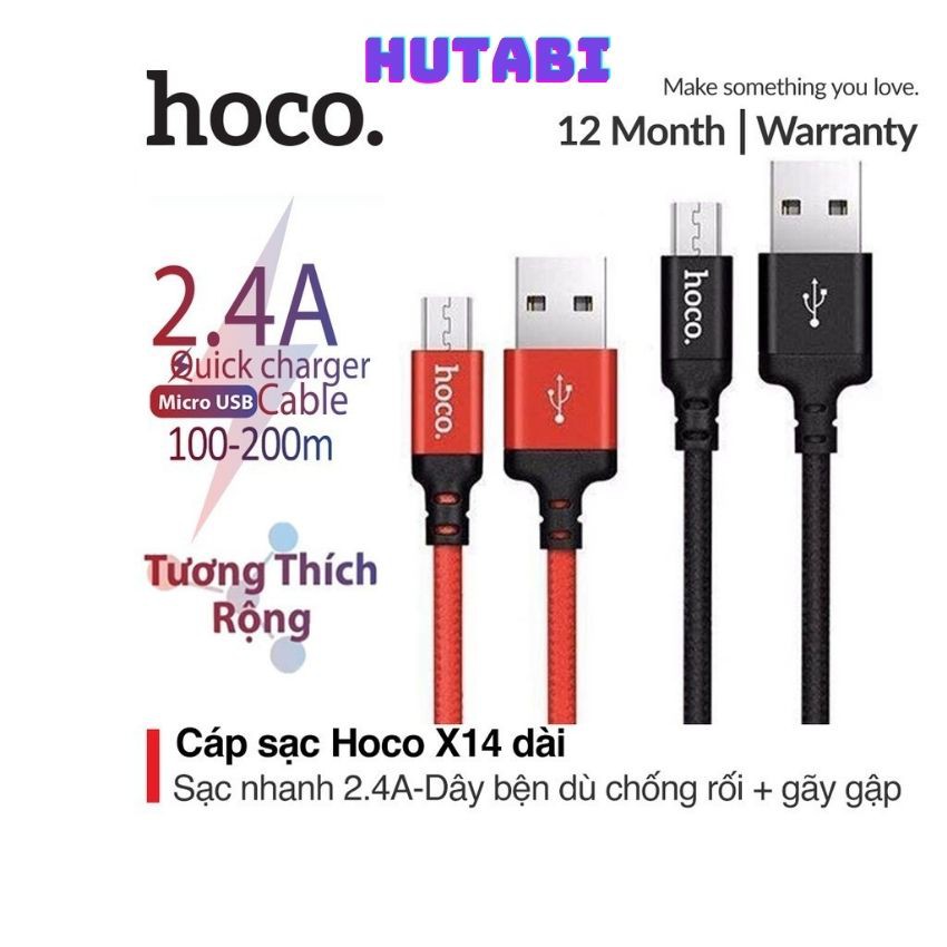 Cáp Sạc Nhanh Hoco X14 dòng 5V-2.4A Dài 1M cho Micro USB Siêu Bền,Không Sợ Bị Rối