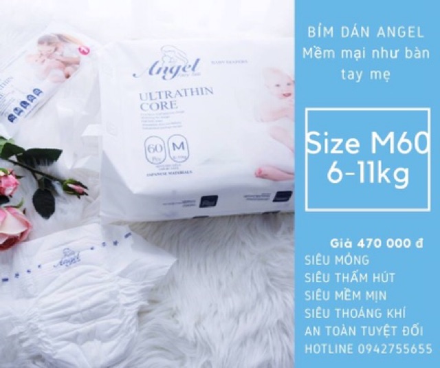 Bỉm dán angel các size S66/M60/L56/XL52