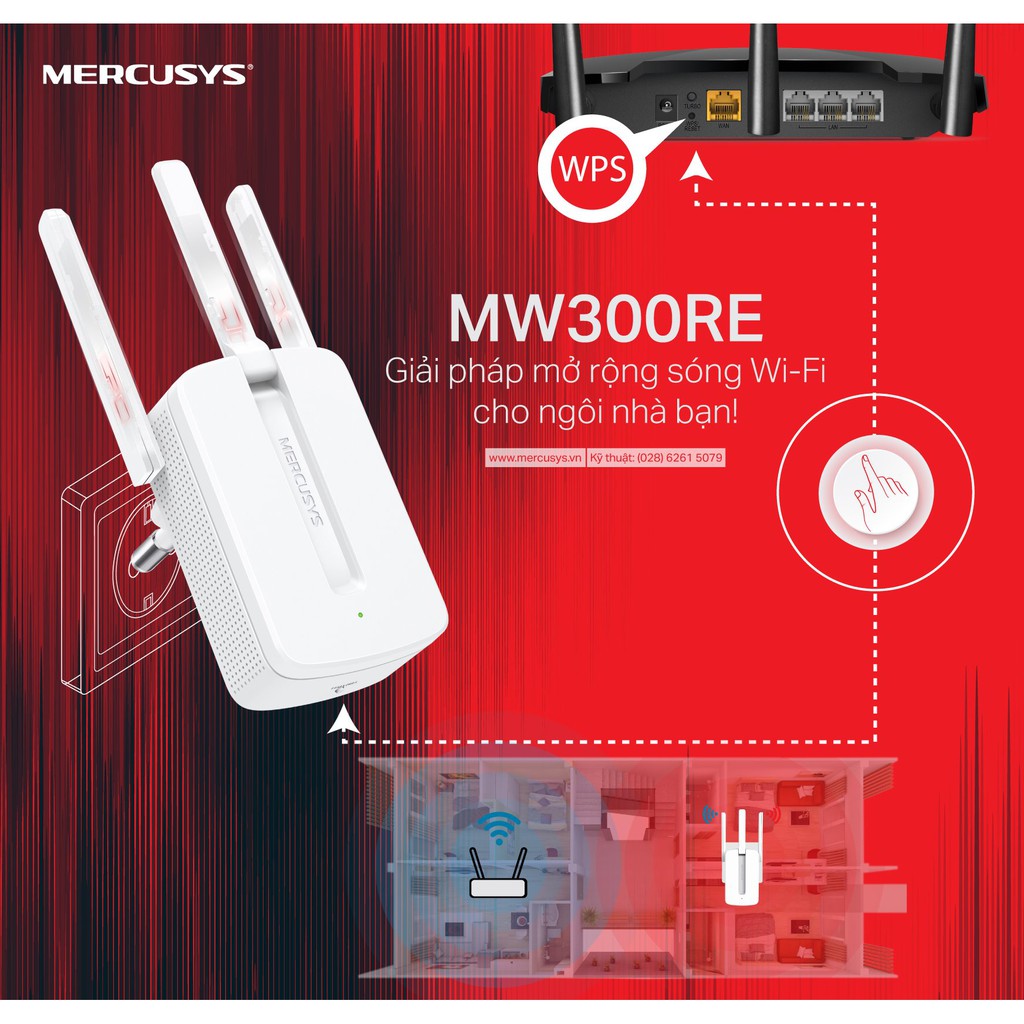 Bộ Kích Sóng Wifi 3 râu cực mạnh Mercusys MW300RE Tốc Độ 300Mbps - Mới 100% Bảo Hành 2 Năm 1 Đổi 1