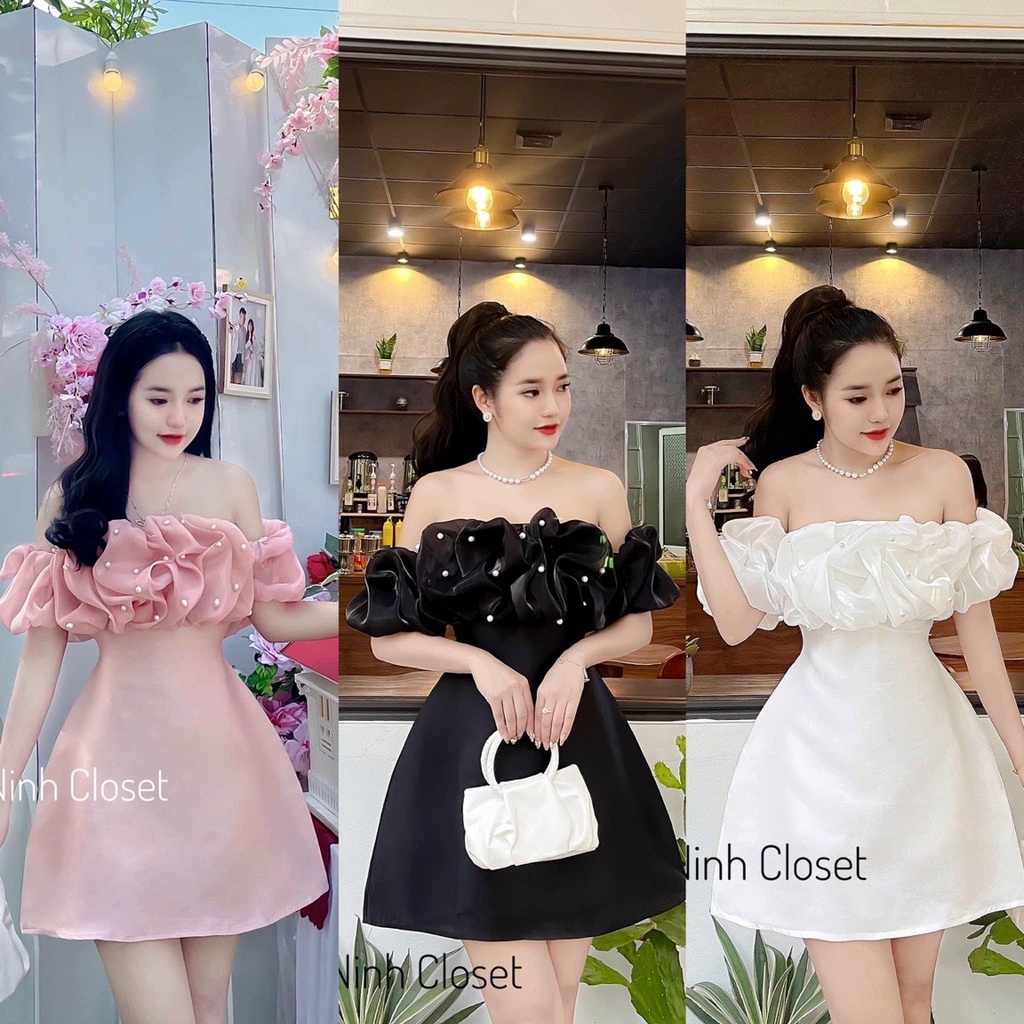 [Miễn Phí Ship 50K-GIAN HÀNG CHÍNH HÃNG] Đầm nữ thời trang mặc đi tiệc, Đầm umi trễ vai phối voan váy chữ A đi tiệc sang