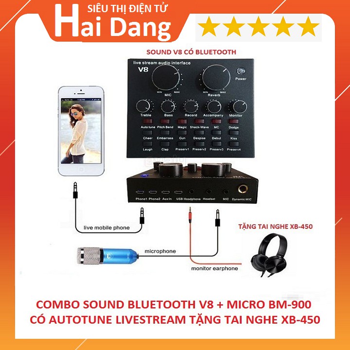 Combo Soundcard V8 Bluetooth + Mic Karaoke Livetream BM 900 Tặng Tai Nghe XB-450 Hát Karaoke Livetream