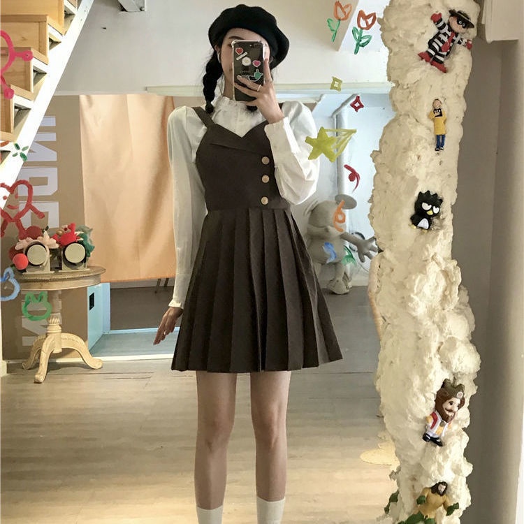 Bộ Áo Sơ Mi + Đầm Hai Dây Xếp Ly Kẻ Sọc Kiểu Pháp Thời Trang Xuân Thu Mới Cho Nữ 2021