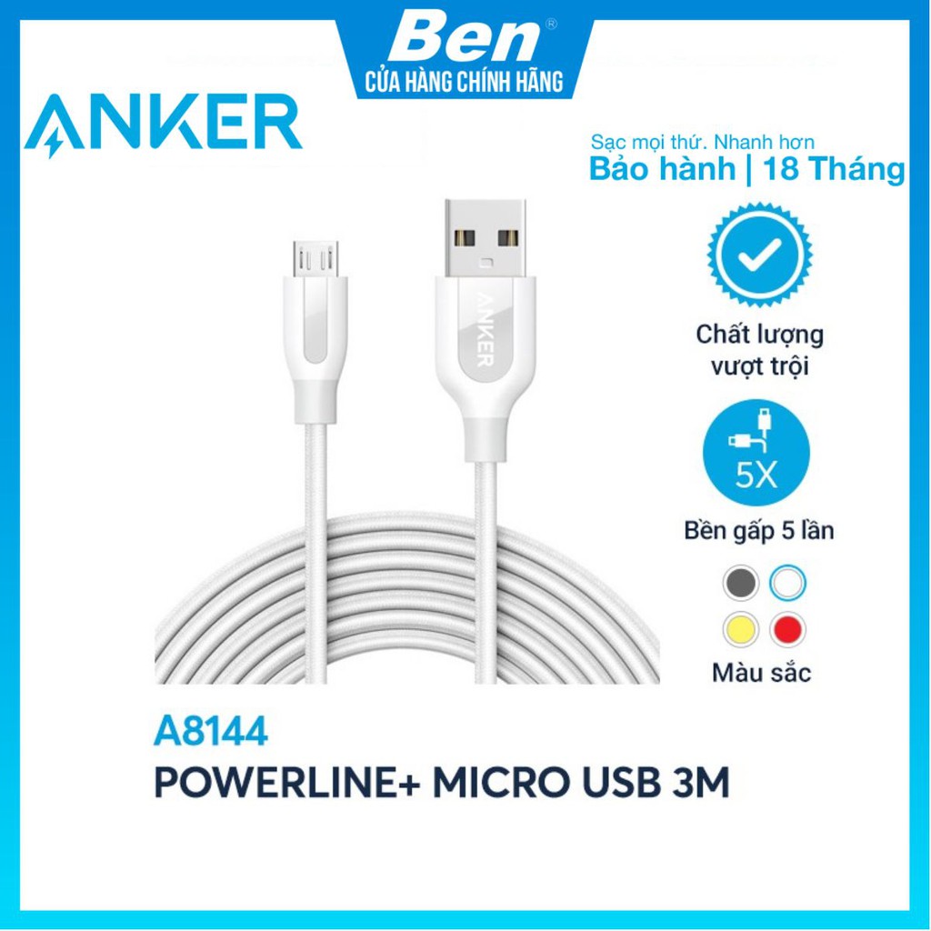 [Không bao da] Cáp sạc ANKER PowerLine+ Micro USB Dài 3.0m - A8144