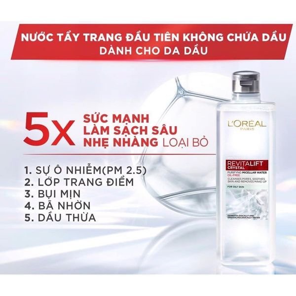Nước Tẩy Trang Làm Sạch Cho Da Dầu L'oreal Revitalift Crystal Purifying Micellar Water