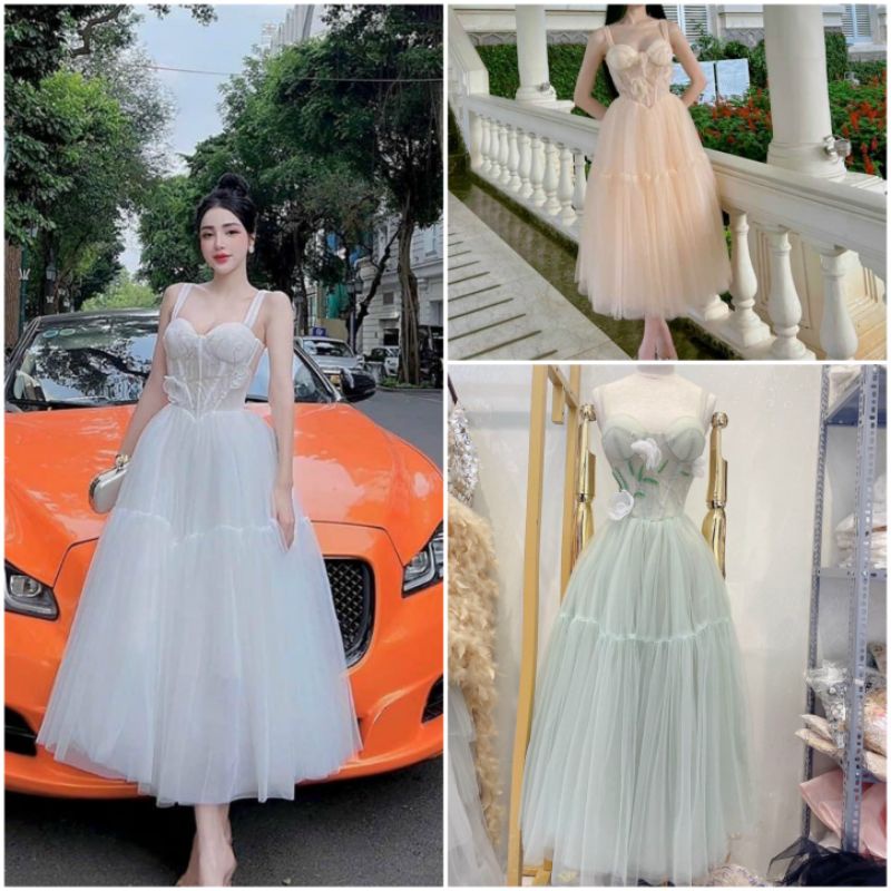 Đầm váy công chúa xòe cúp ngực đính hoa 3D